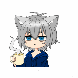Avatar Phantom_kai0 vtuber Katzenmensch kurz nach dem Aufstehen mit grünte Tasse